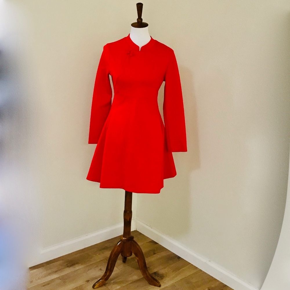 Red Stand Collar Long Sleeve A-Line Mini Dress